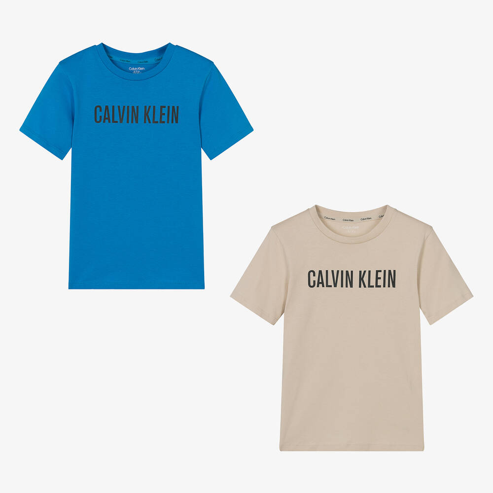 Calvin Klein - Boys Blue & Beige Cotton T-Shirts (2 Pack) | Childrensalon