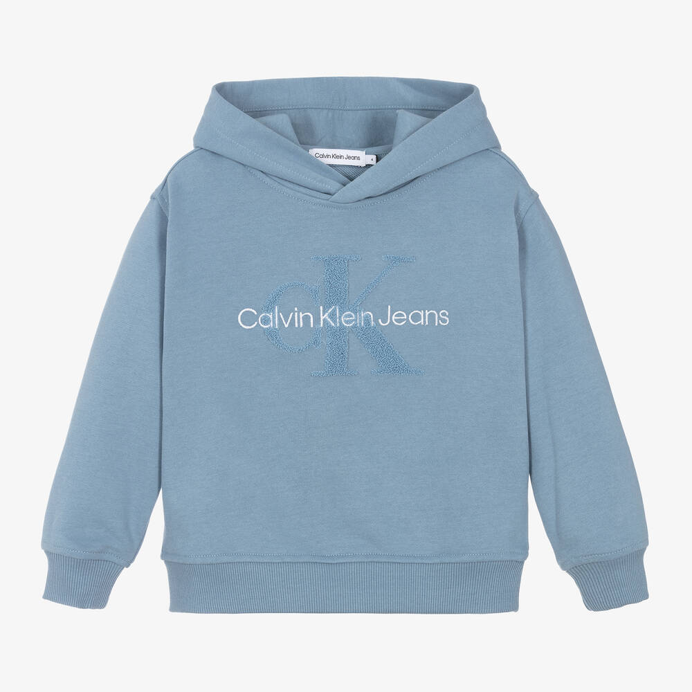 Calvin Klein - Boys Blue Cotton Monogram Hoodie | Childrensalon
