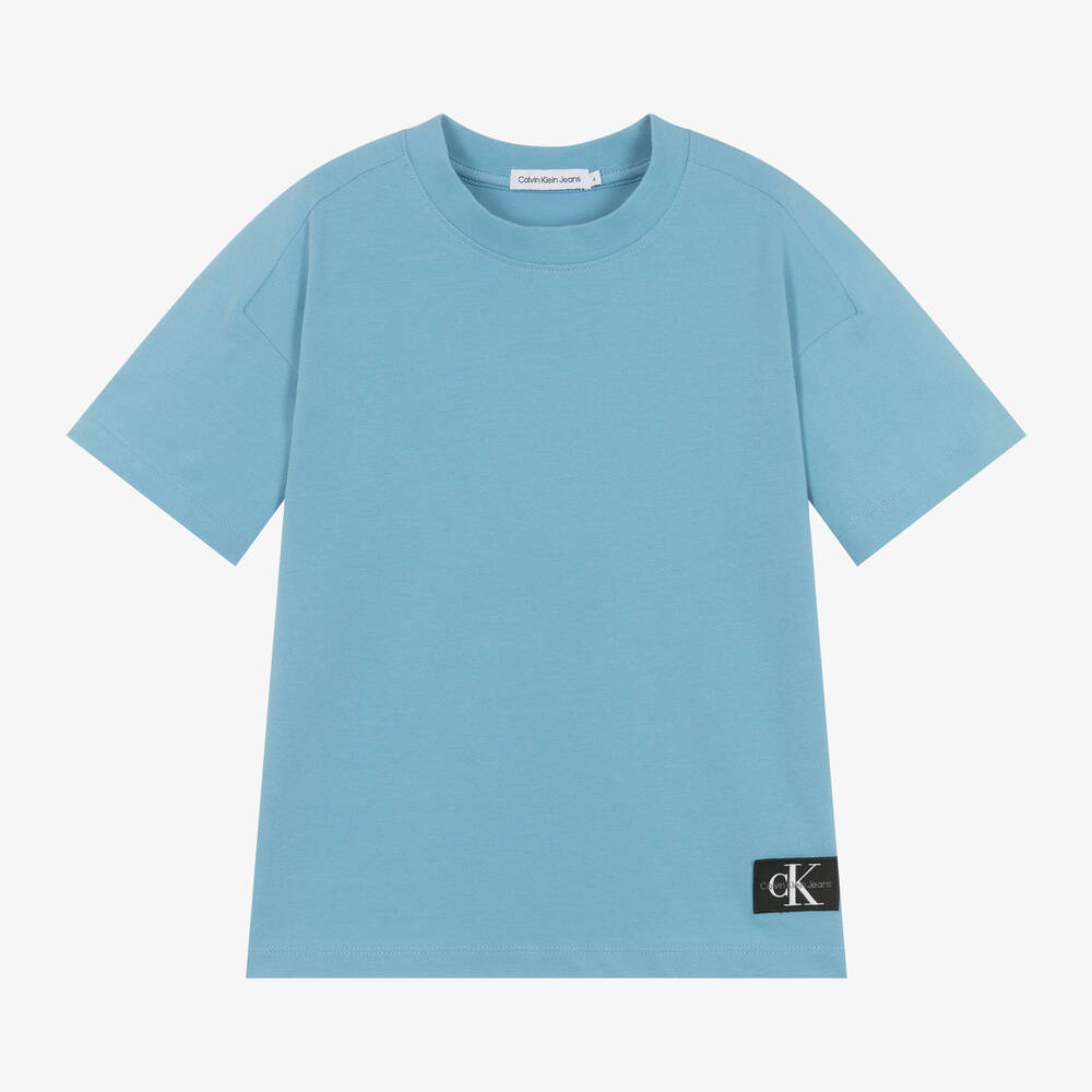 Shop Calvin Klein Boys Blue Cotton Piqué Label T-shirt