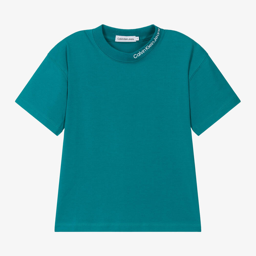 Calvin Klein - تيشيرت قطن لون أخضر فيروزي للأولاد | Childrensalon