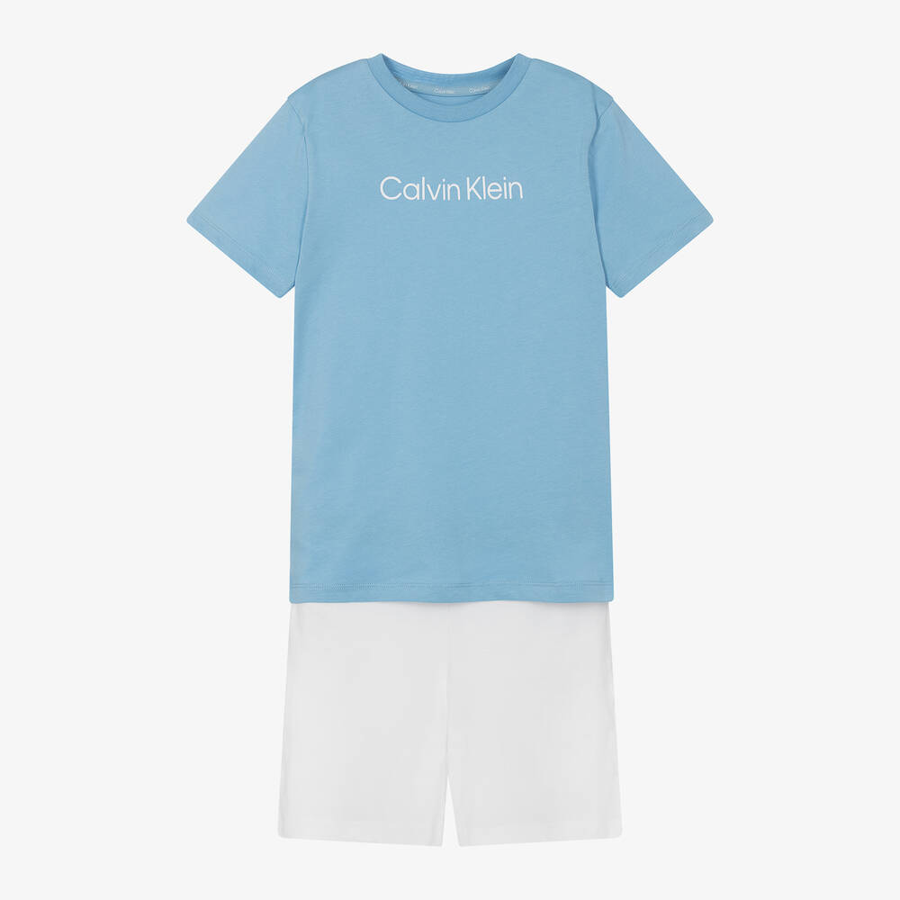 Calvin Klein - بيجاما شورت قطن لون أبيض وأزرق للأولاد | Childrensalon