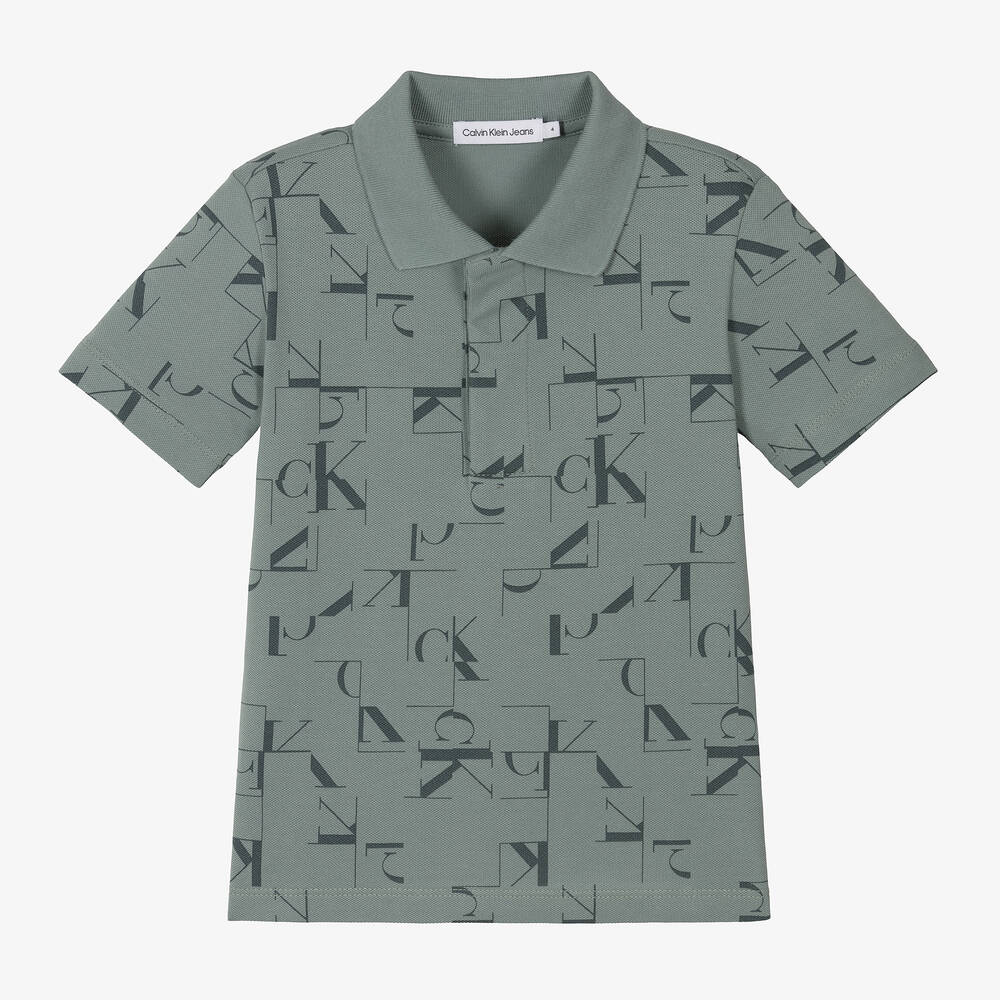 Calvin Klein - Boys Green Cotton Polo Shirt | Childrensalon