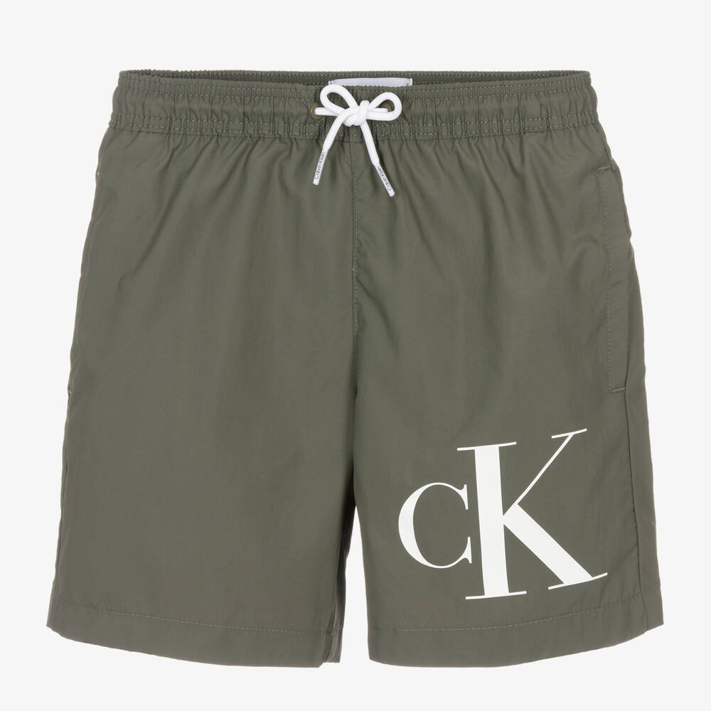 Calvin Klein - Boys Green Monogram Swim Shorts | Childrensalon