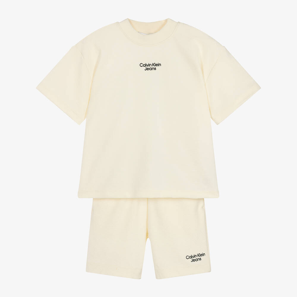 Calvin Klein - Boys Ivory Cotton Shorts Set | Childrensalon