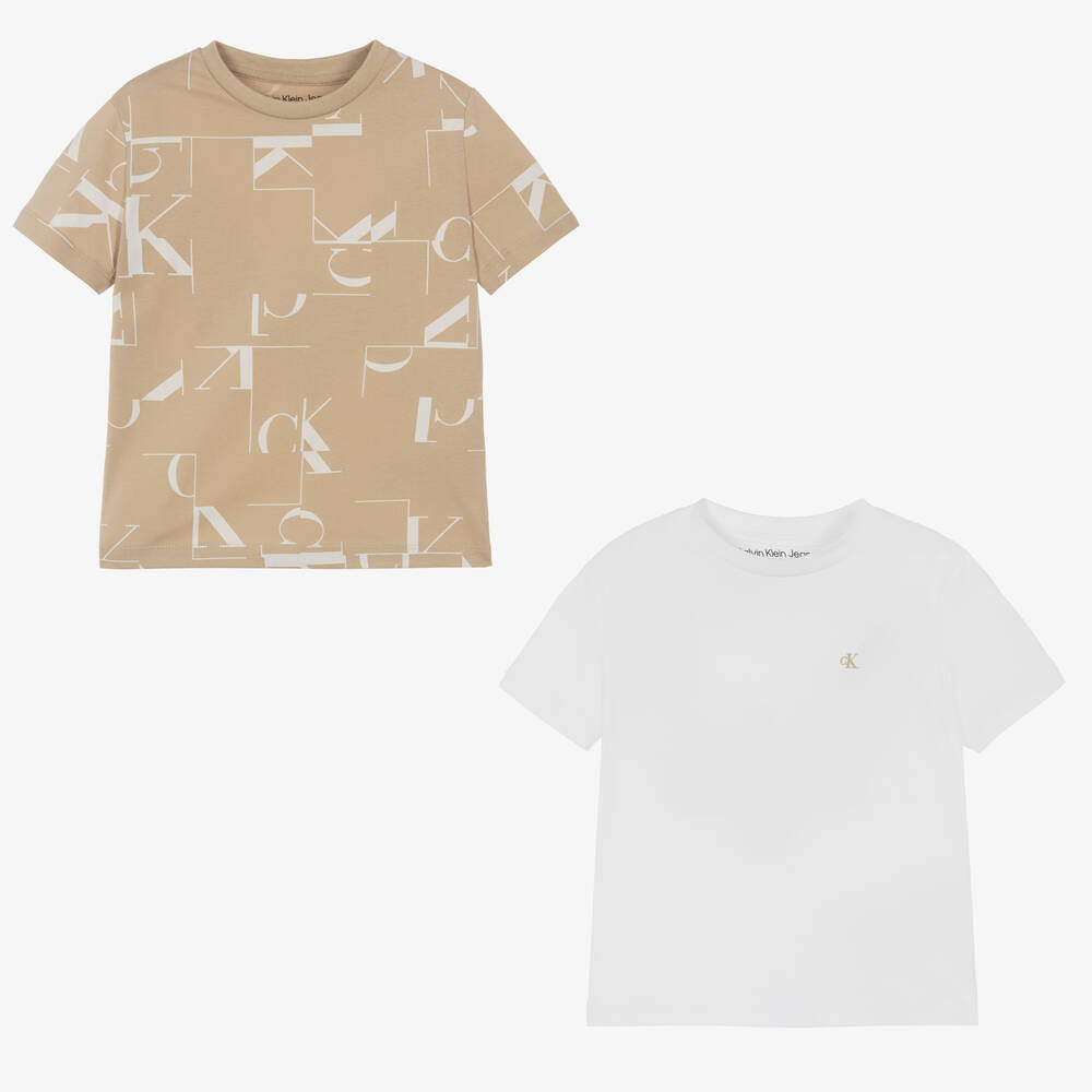 Calvin Klein - Boys White & Beige T-Shirts (2 Pack) | Childrensalon