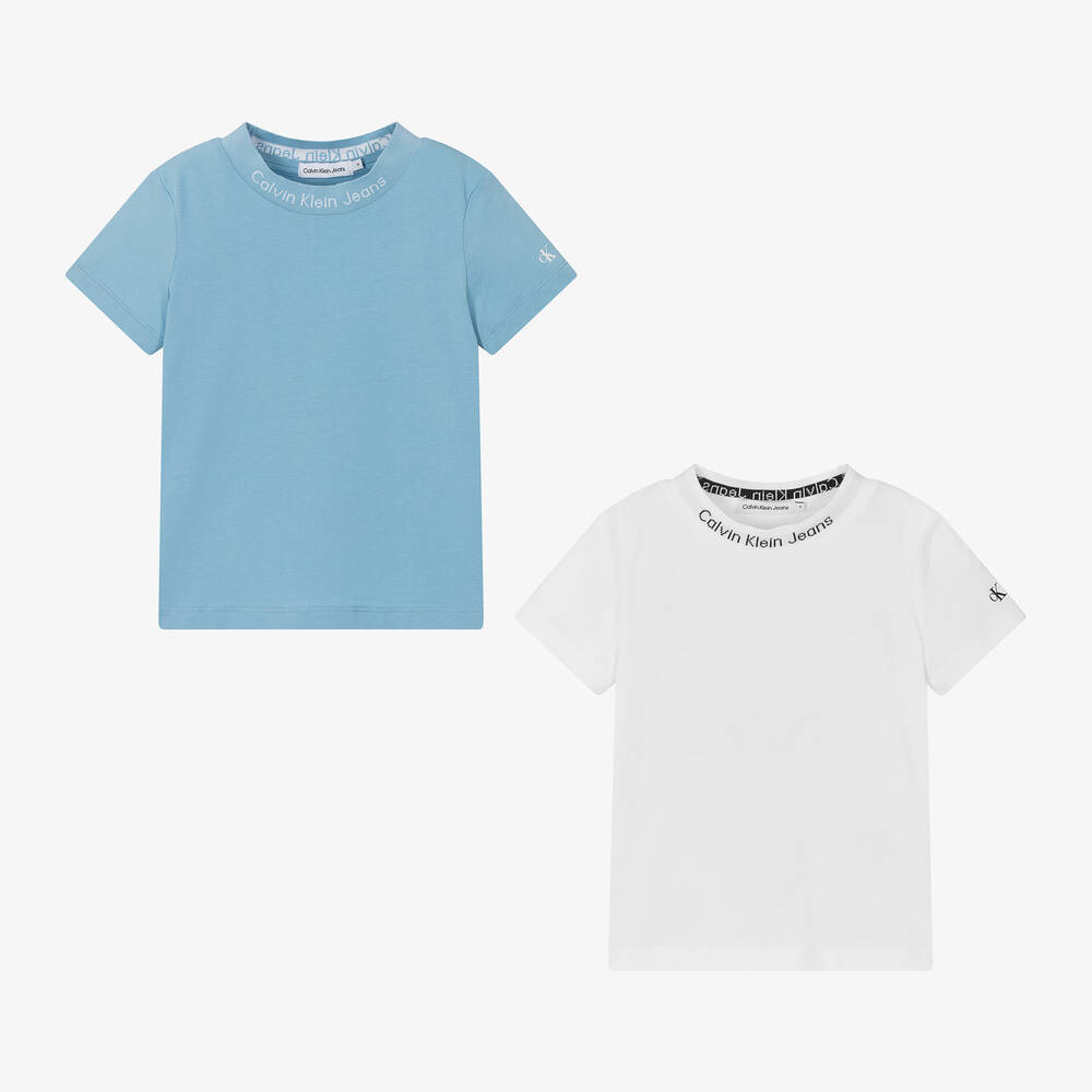 Calvin Klein - تيشيرت قطن لون أبيض وأزرق للأولاد (عدد 2) | Childrensalon
