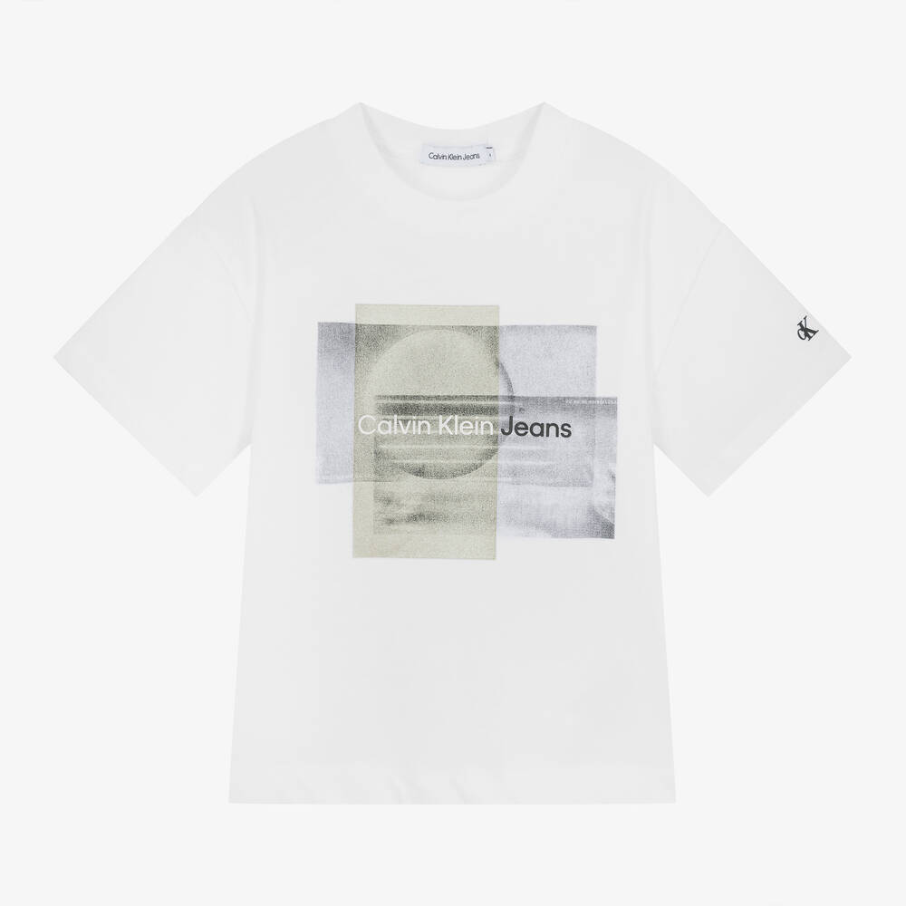 Calvin Klein - Boys White Cotton Graphic Print T-Shirt | Childrensalon
