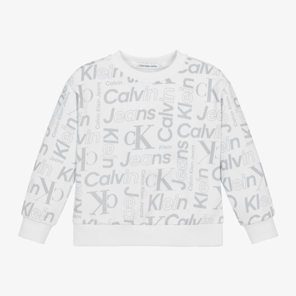 Calvin Klein - Boys White Cotton Monogram Sweatshirt | Childrensalon