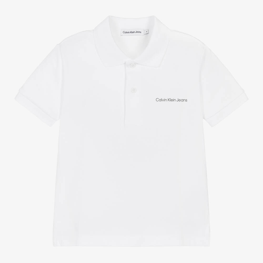 Calvin Klein - Boys White Cotton Piqué Polo Shirt | Childrensalon