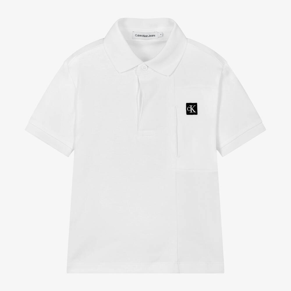 Calvin Klein - Boys White Cotton Polo Shirt | Childrensalon