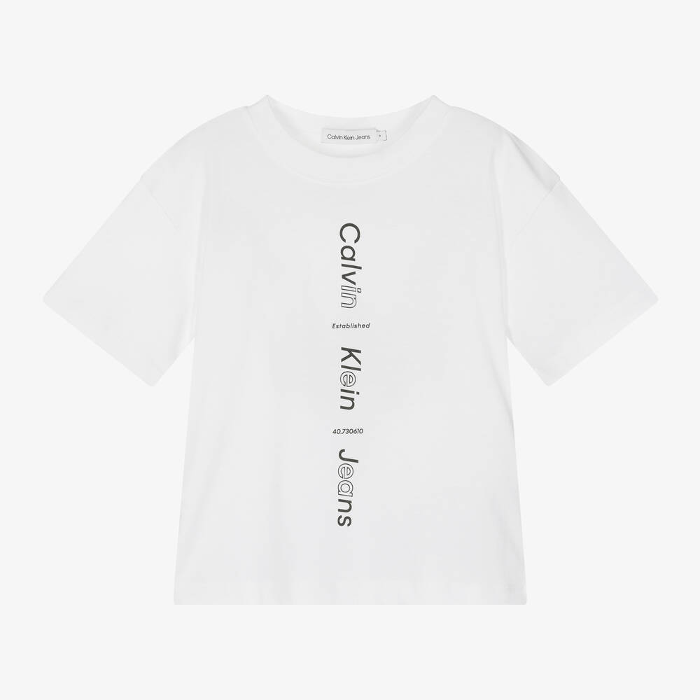 Calvin Klein - تيشيرت قطن محبوك لون أبيض للأولاد | Childrensalon