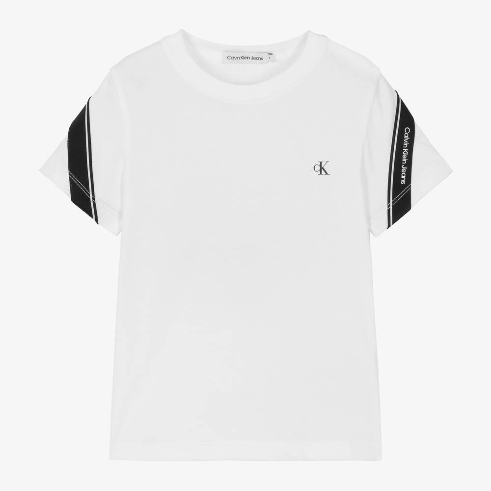 Calvin Klein - Boys White Cotton Taped Logo T-Shirt | Childrensalon