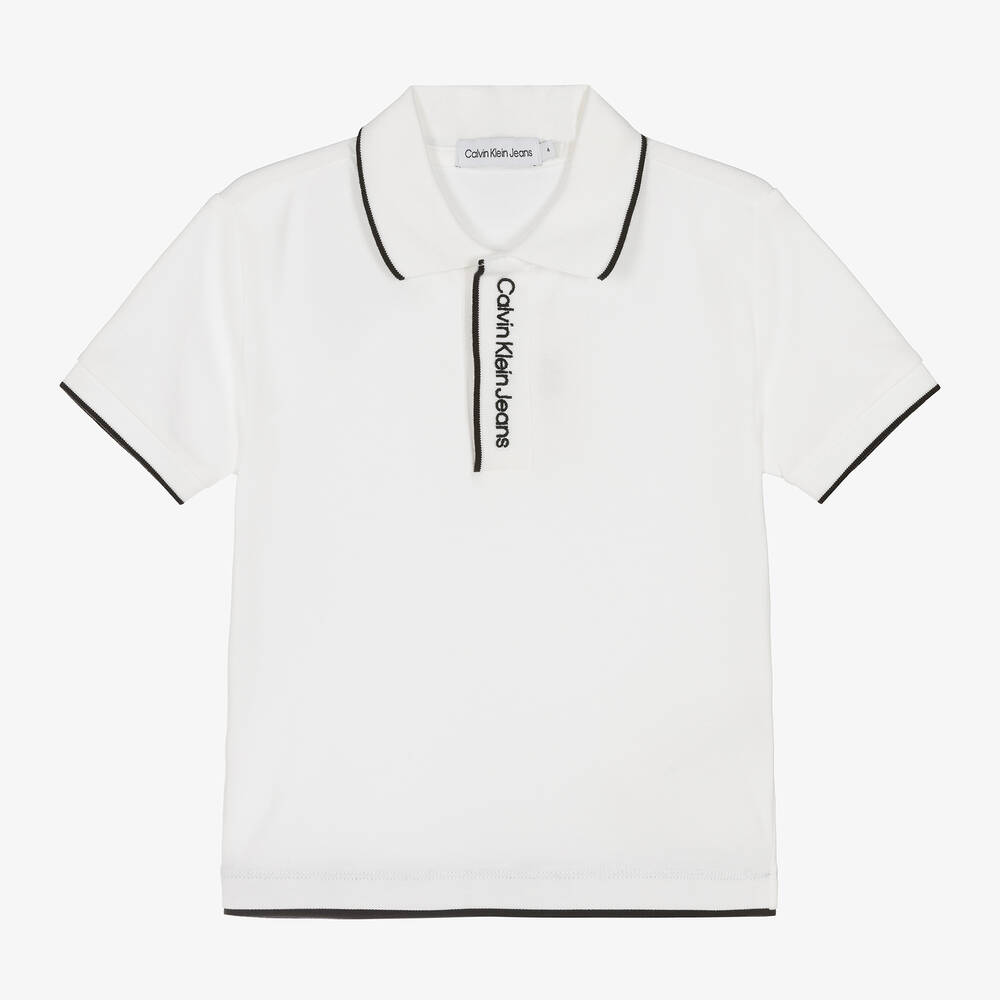 Calvin Klein - Boys White Embroidered Cotton Polo Shirt | Childrensalon