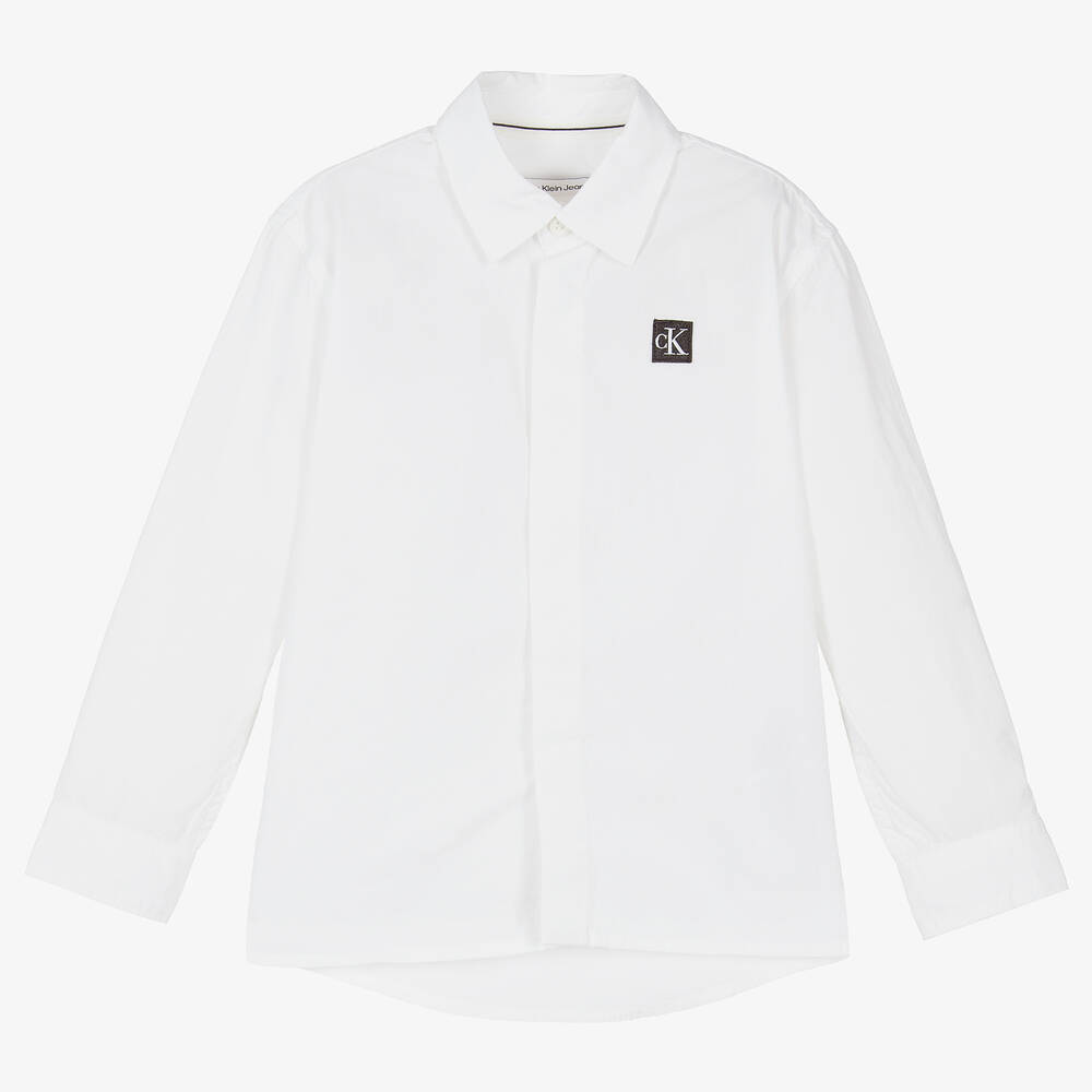 Calvin Klein - Boys White Monogram Cotton Poplin Shirt | Childrensalon
