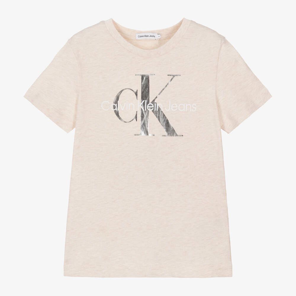 Calvin Klein - Girls Beige Cotton T-Shirt | Childrensalon