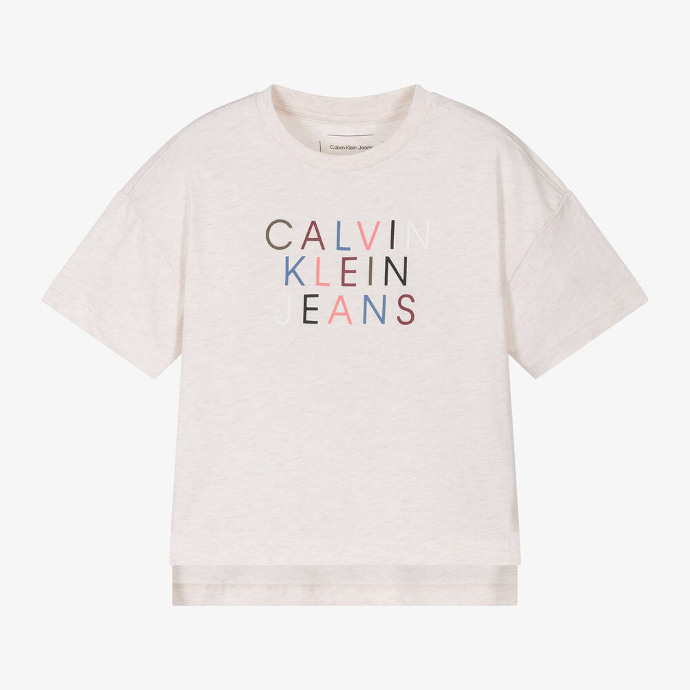 Calvin Klein - Girls Beige Cotton T-Shirt | Childrensalon