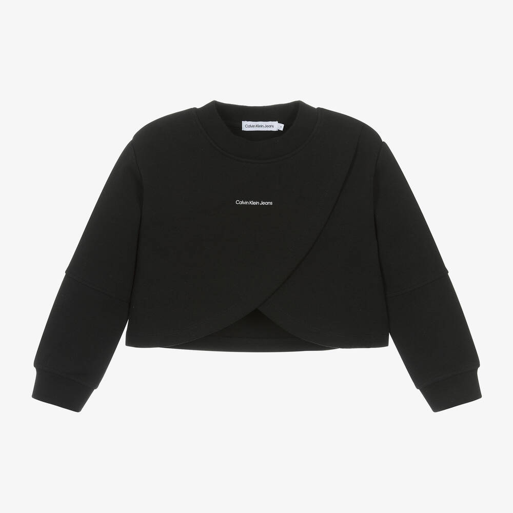 Calvin Klein - Girls Black Cotton Crossover Sweatshirt | Childrensalon