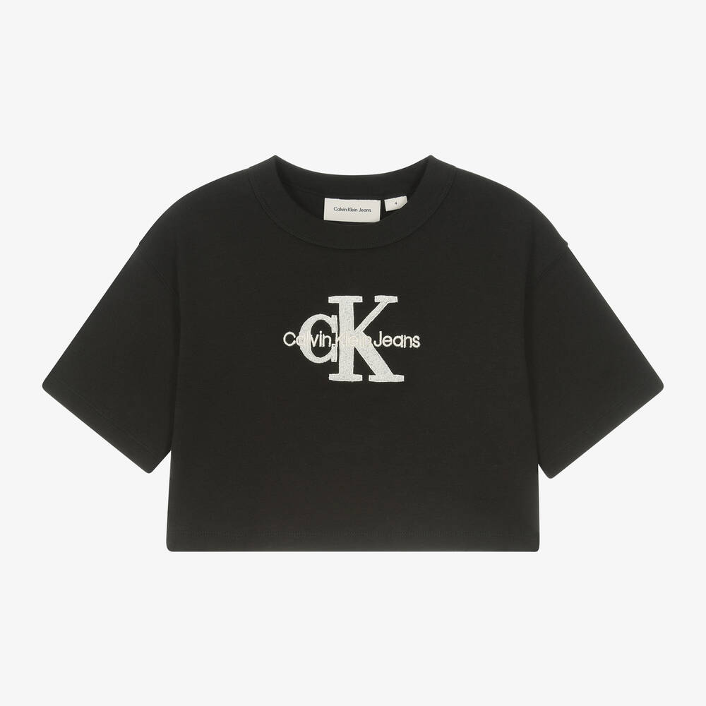 Calvin Klein - Girls Black Cotton Monogram Logo T-Shirt | Childrensalon