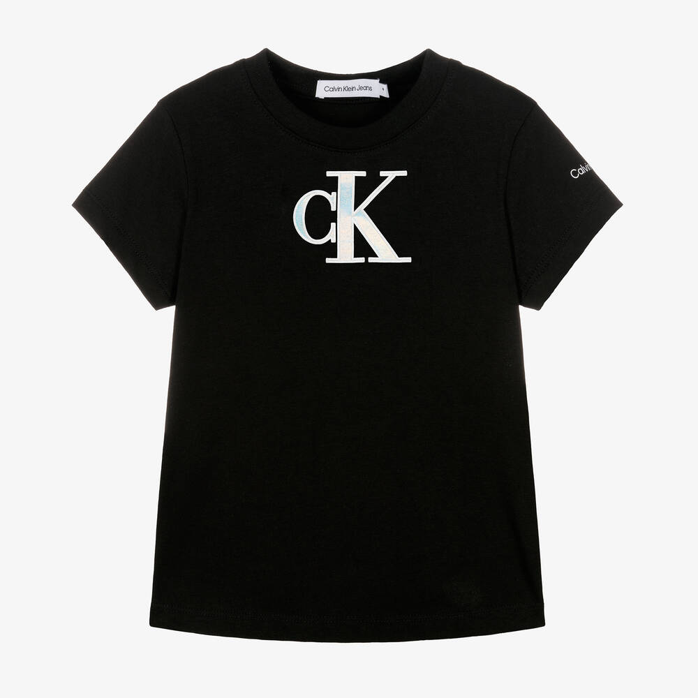 Calvin Klein - تيشيرت قطن جيرسي لون أسود للبنات | Childrensalon