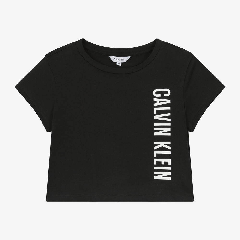 Calvin Klein - Girls Black Cotton T-Shirt | Childrensalon