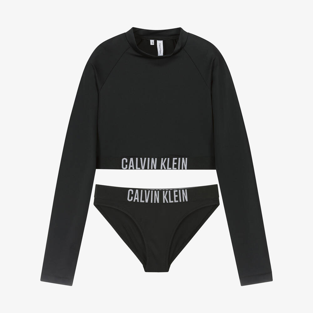 Calvin Klein - Girls Black Logo Tape Tankini  | Childrensalon