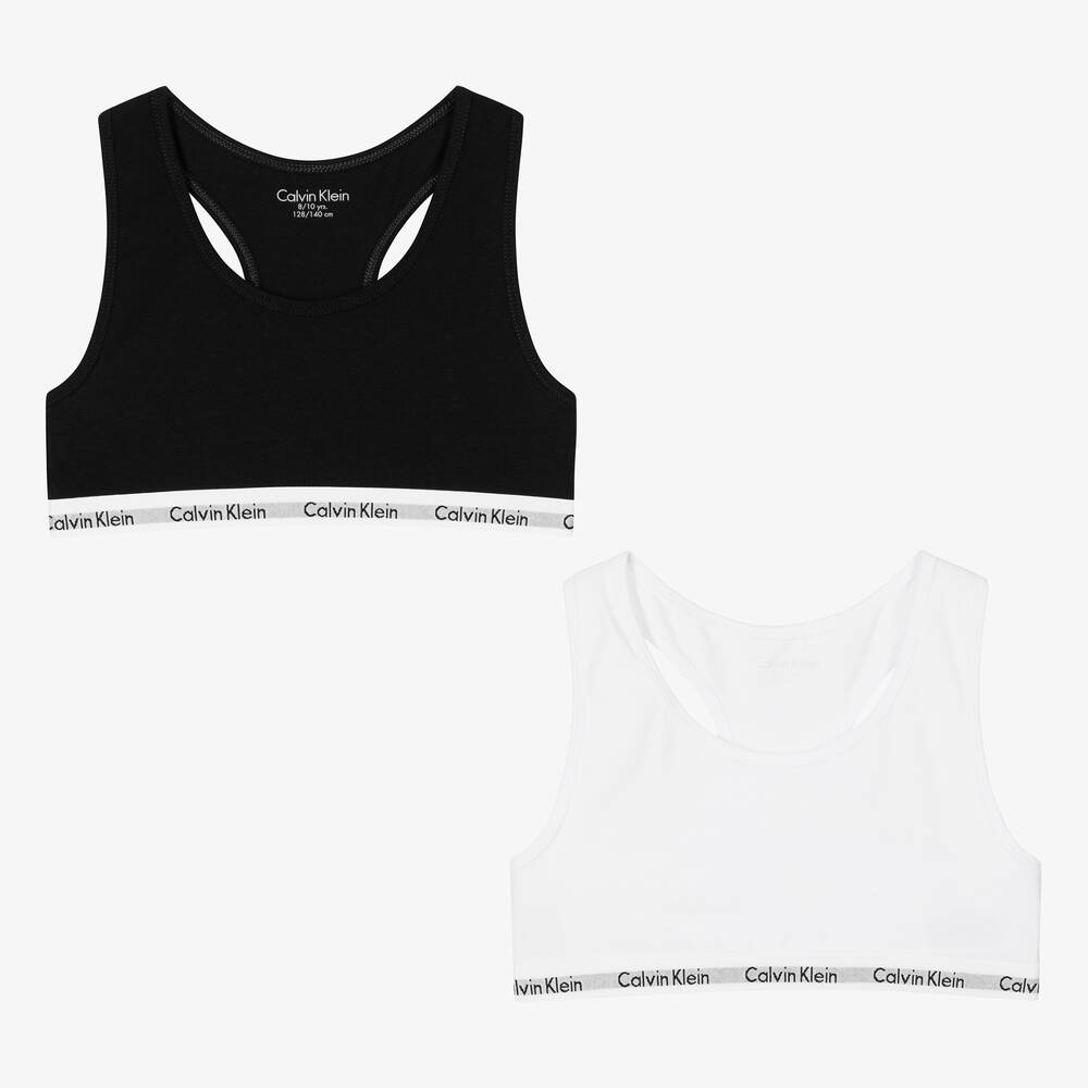 Calvin Klein - Girls Black & White Cotton Bralettes (2 Pack) | Childrensalon