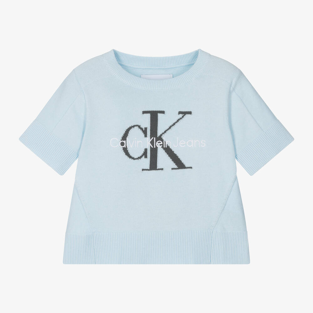 Calvin Klein - بلوفر قطن محبوك لون أزرق للبنات | Childrensalon