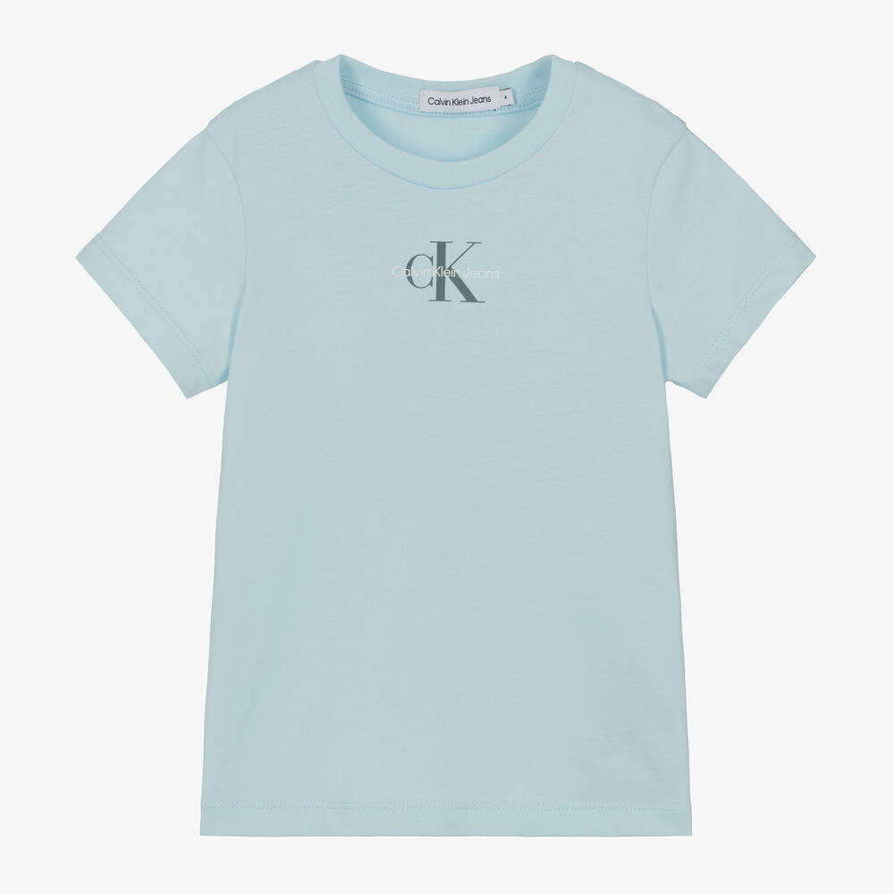Calvin Klein - تيشيرت بطبعة مونوغرام قطن لون أزرق فاتح للبنات | Childrensalon