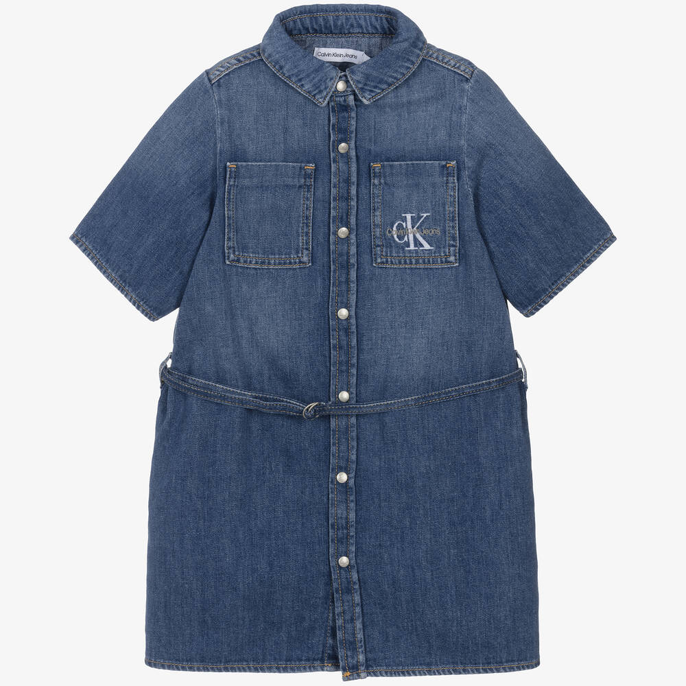 Calvin Klein - Girls Blue Denim Belted Shirt Dress | Childrensalon