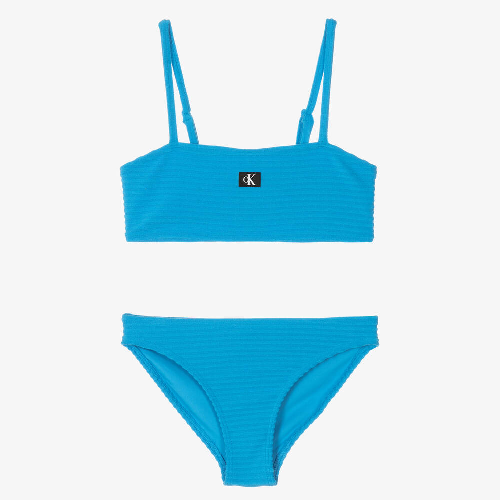 Calvin Klein - Girls Blue Ribbed Monogram Bikini | Childrensalon