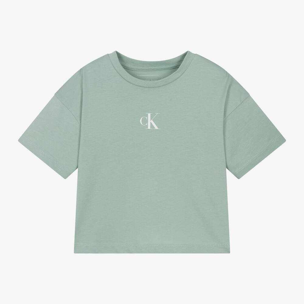 Calvin Klein - Girls Green Cotton T-Shirt | Childrensalon