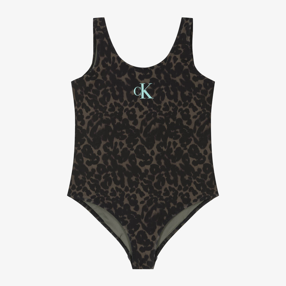 Calvin Klein - Girls Green Leopard Print Swimsuit | Childrensalon