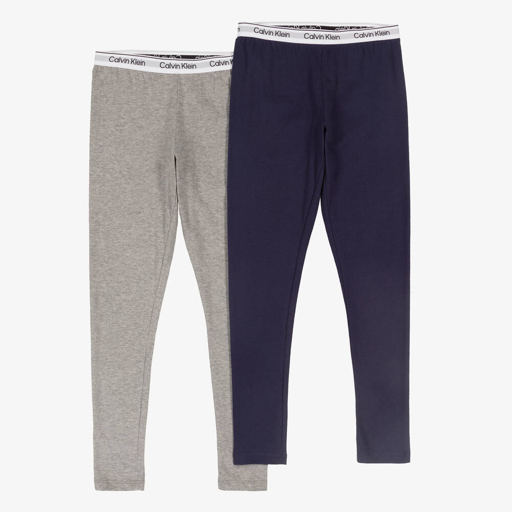 Calvin Klein - Girls Grey & Blue Cotton Leggings (2 Pack) | Childrensalon