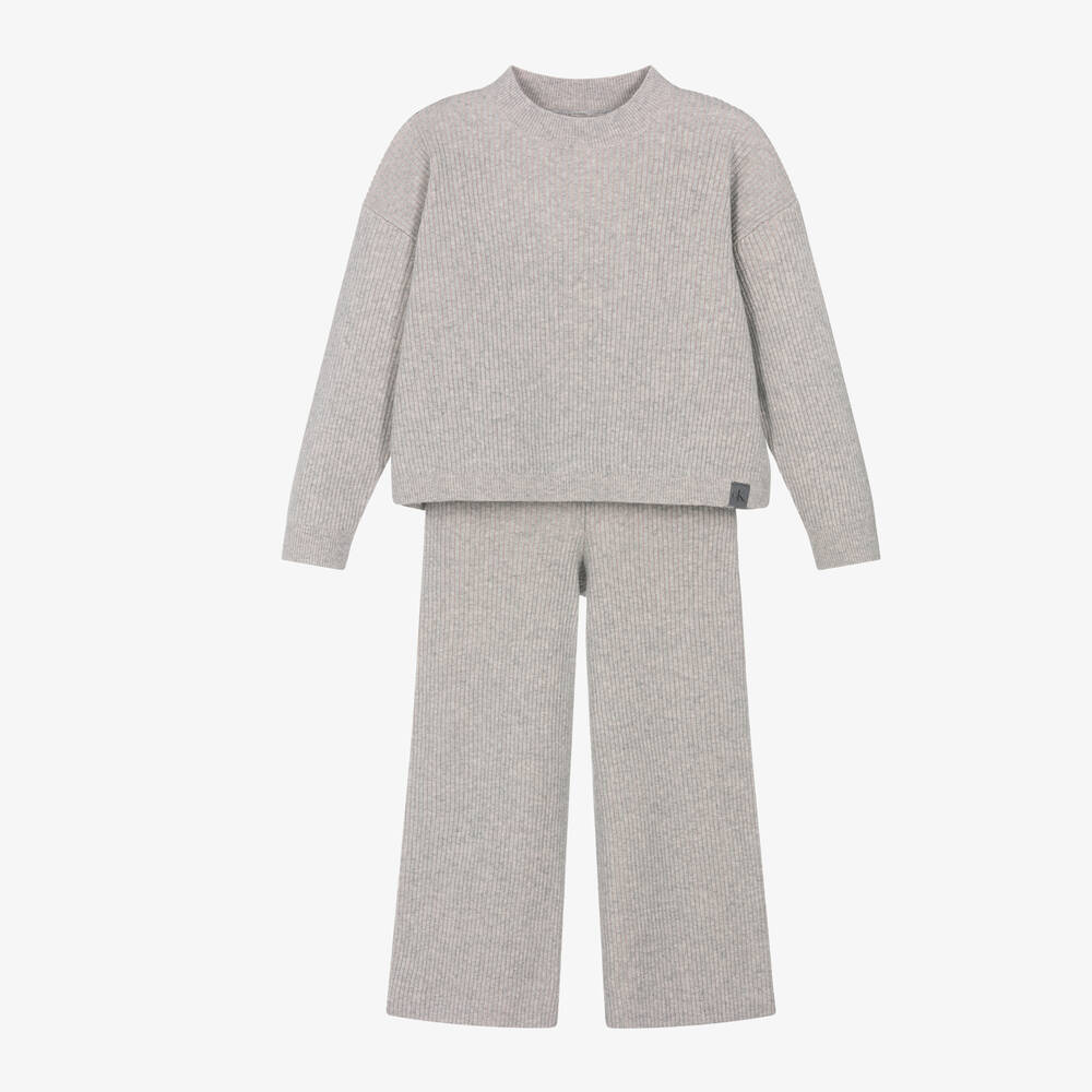 Calvin Klein - Girls Grey Knitted Trouser Set | Childrensalon