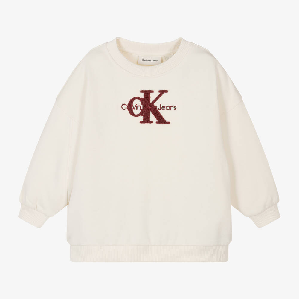 Calvin Klein - سويتشيرت CK بوكليه لون عاجي للبنات | Childrensalon