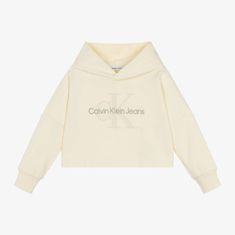 Calvin Klein - توب هودي بطبعة مونوغرام قطن لون عاجي للبنات | Childrensalon