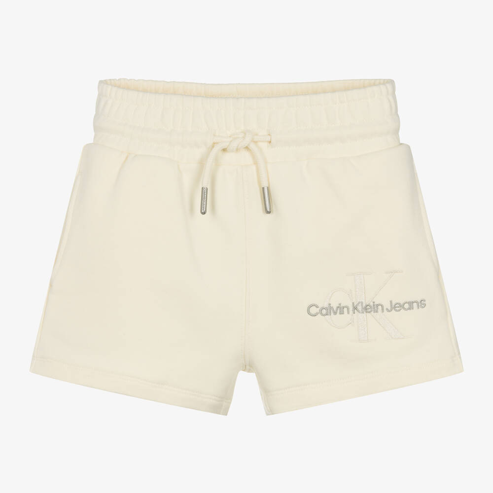 Calvin Klein - Girls Ivory Cotton Monogram Shorts | Childrensalon