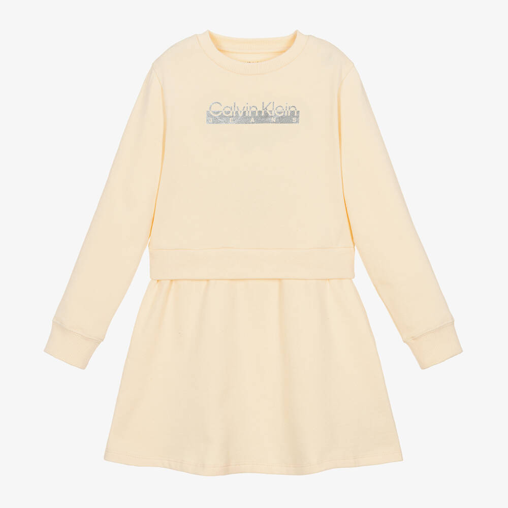 Calvin Klein - فستان سويتشيرت قطن لون عاجي | Childrensalon