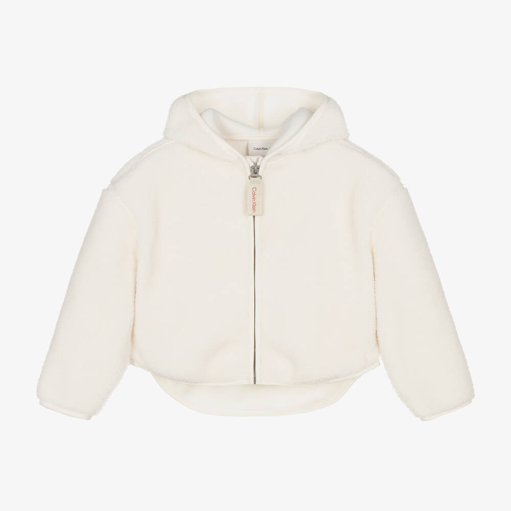 Calvin Klein - Girls Ivory Sherpa Fleece Zip-Up Top | Childrensalon