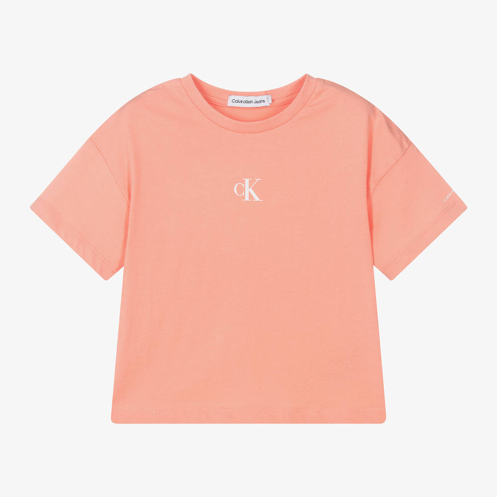 Calvin Klein - Girls Orange Cotton T-Shirt | Childrensalon