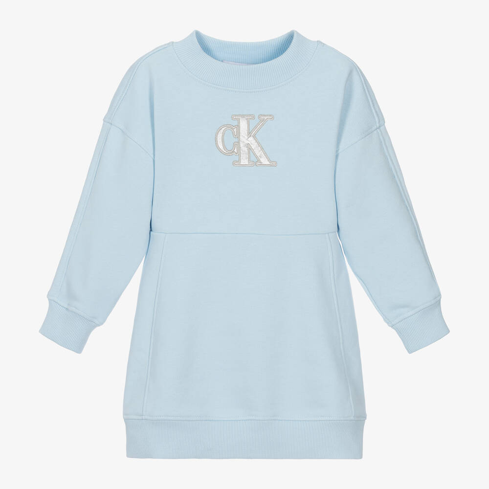 Calvin Klein - فستان سويتشيرت قطن جيرسي لون أزرق فاتح | Childrensalon