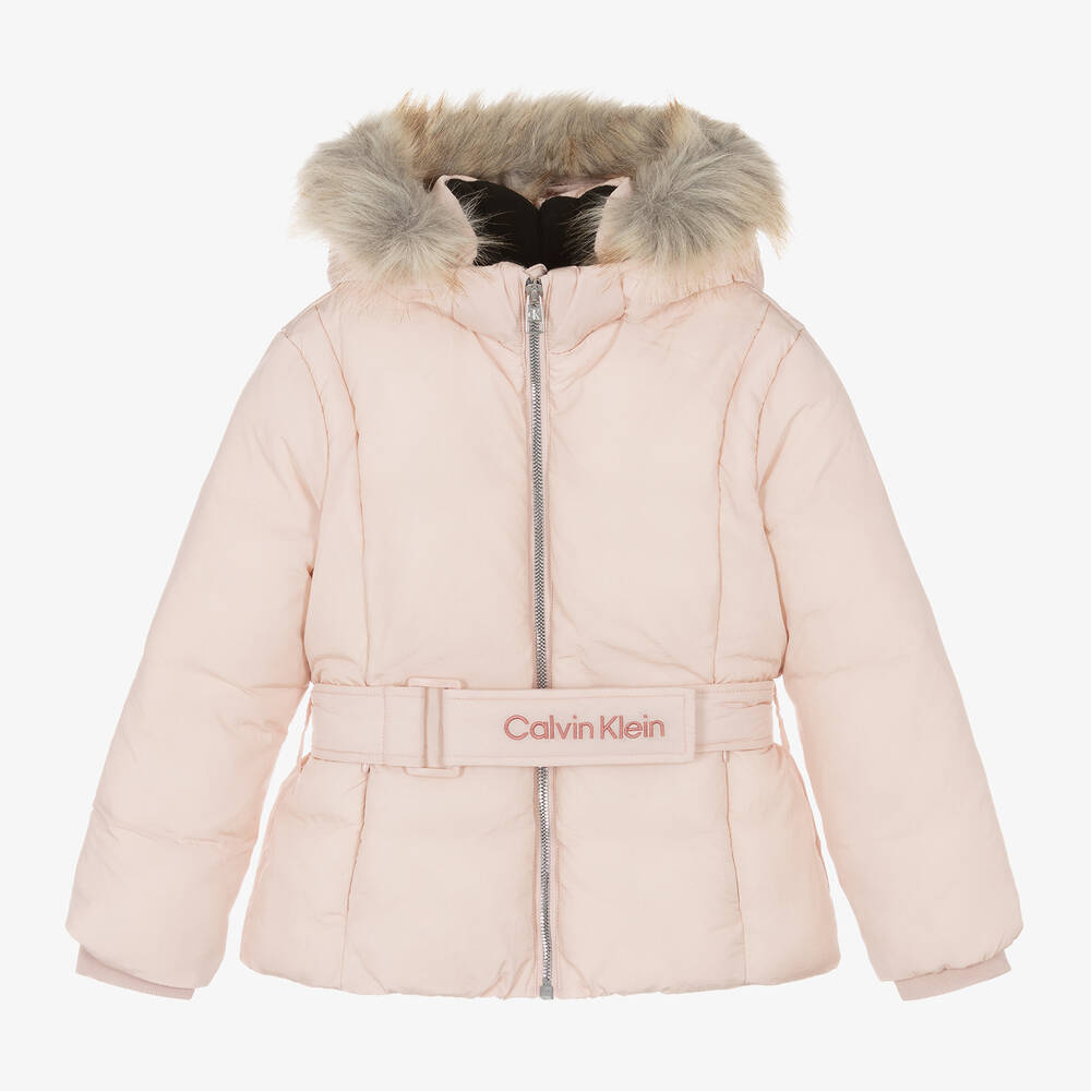 Calvin Klein - Girls Pink Belted Puffer Jacket | Childrensalon