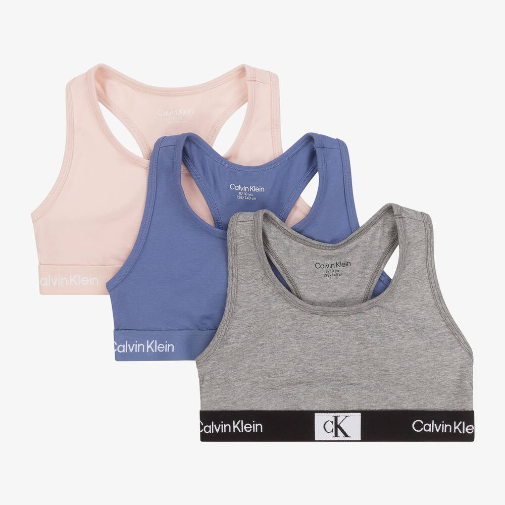 Calvin Klein - Girls Pink & Blue Cotton Cropped Tops (3 Pack)  | Childrensalon