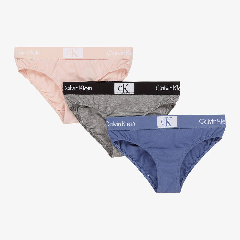 Calvin Klein - Girls Pink & Blue Cotton Knickers (3 Pack) | Childrensalon