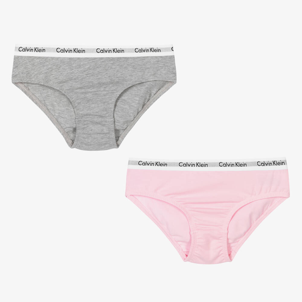 Calvin Klein - Girls Pink & Grey Cotton Knickers (2 Pack) | Childrensalon