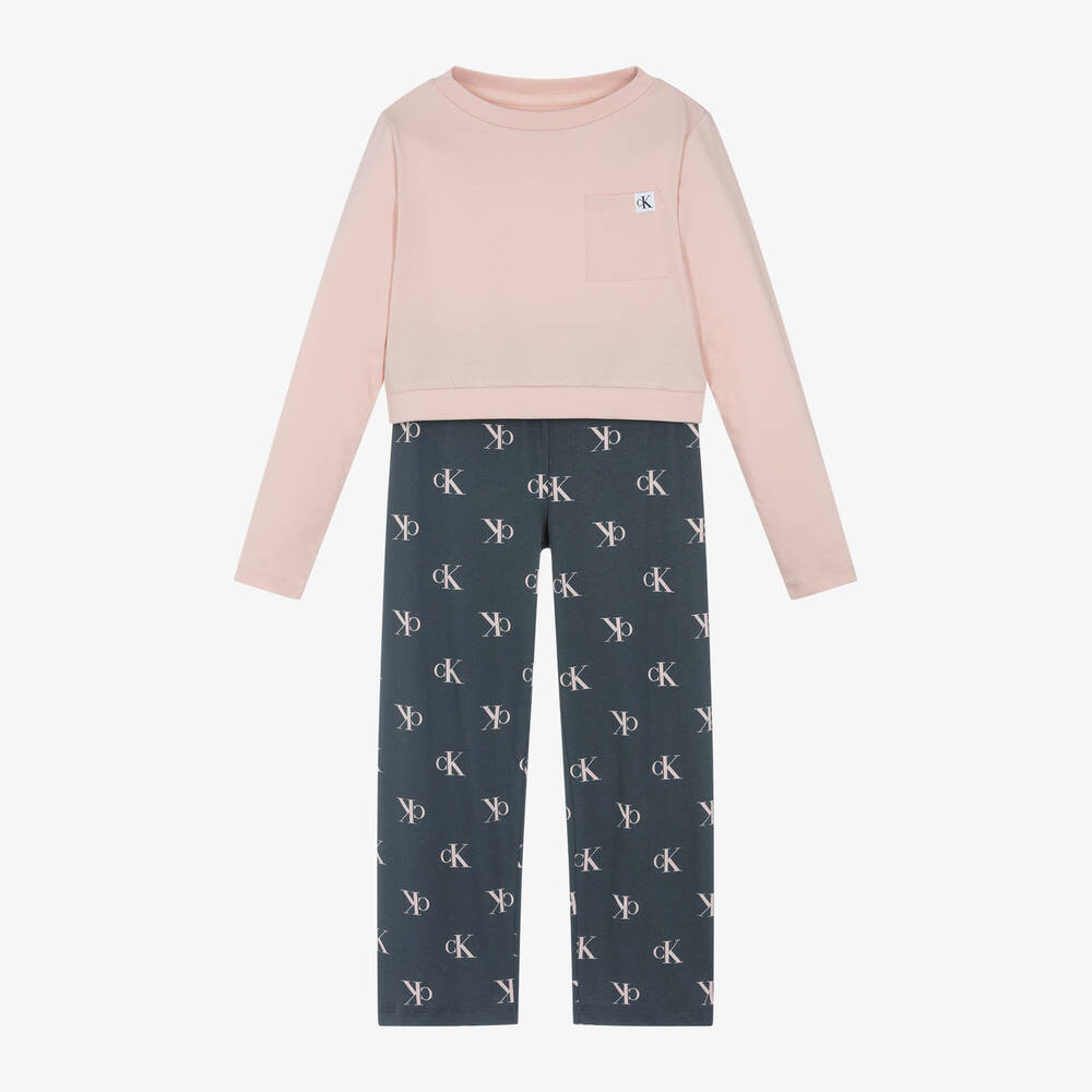 Calvin Klein - Girls Pink & Grey Cotton Pyjamas | Childrensalon