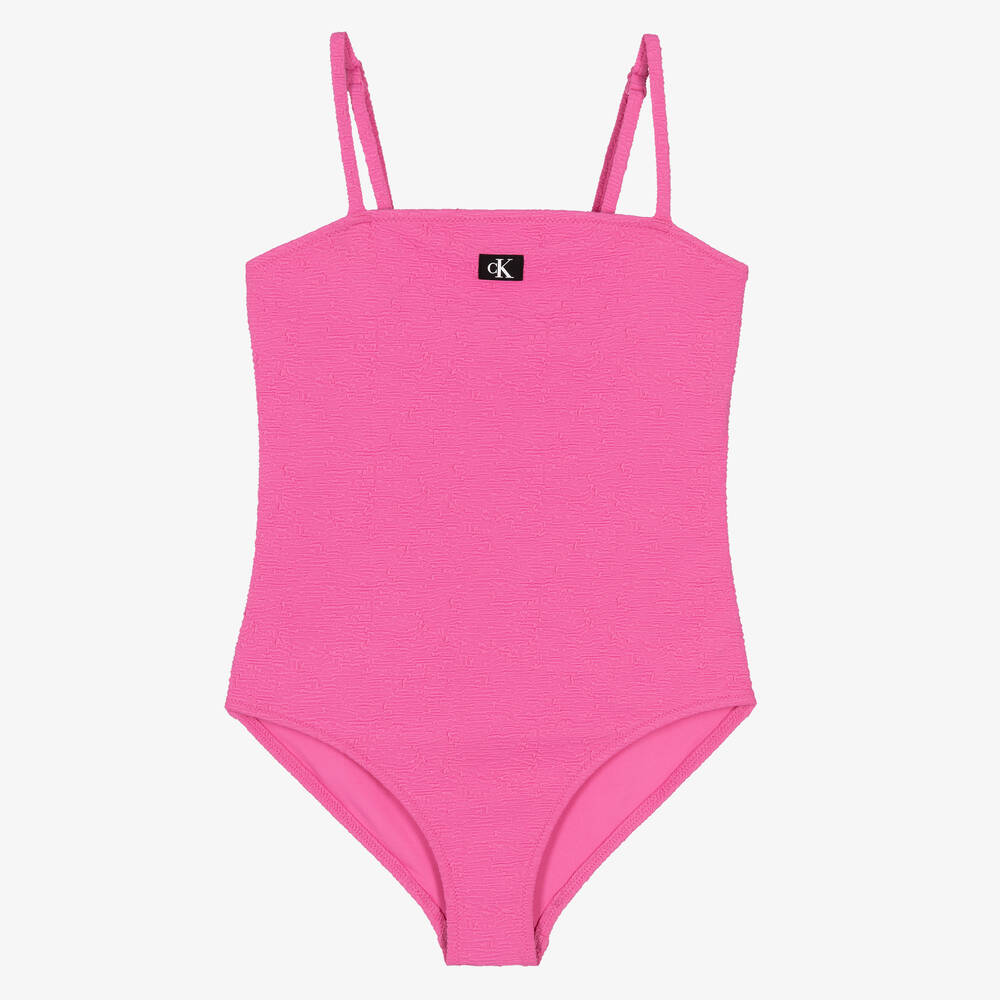 Calvin Klein - Girls Pink Monogram Swimsuit | Childrensalon