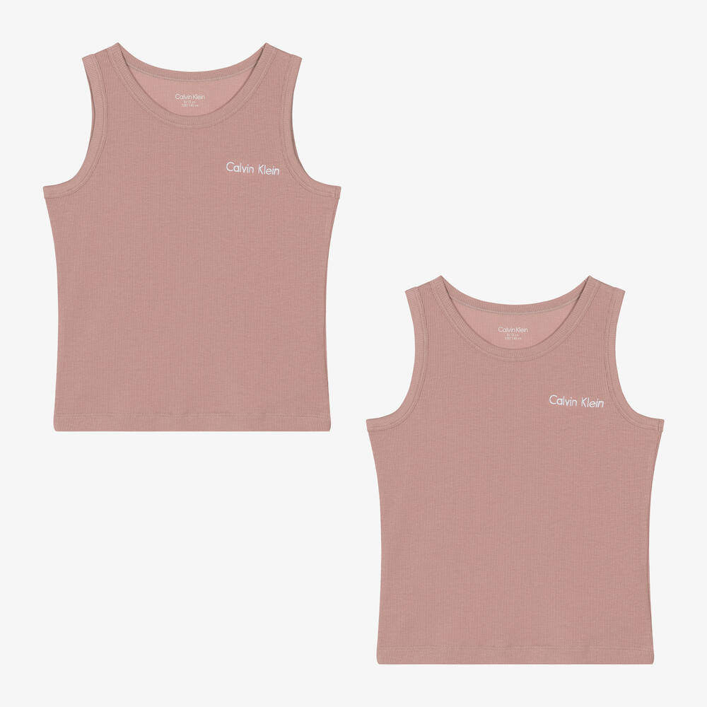 Calvin Klein - Girls Pink Ribbed Vest Tops (2 Pack) | Childrensalon