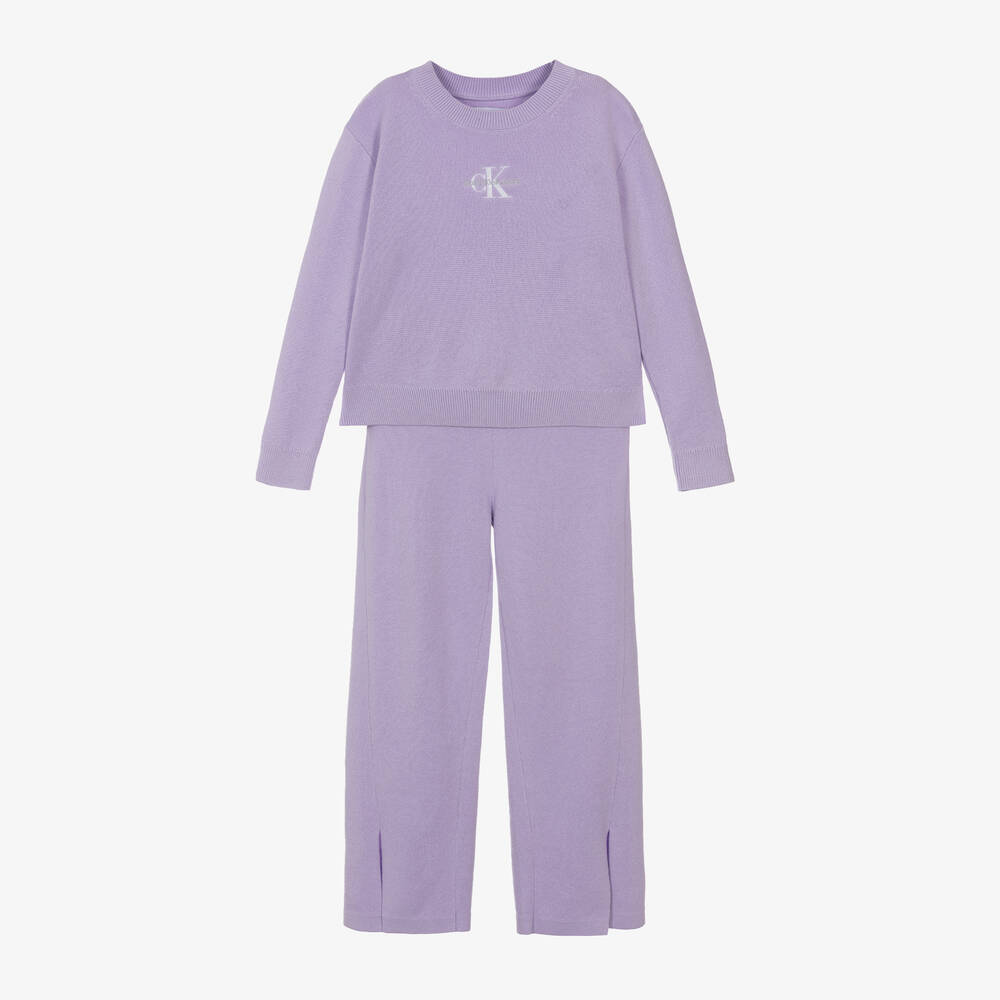 Calvin Klein - Girls Purple Organic Cotton Knitted Tracksuit  | Childrensalon