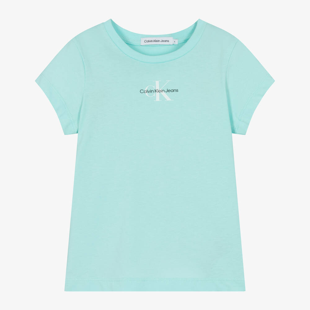 Calvin Klein - Girls Turquoise Blue Cotton T-Shirt | Childrensalon